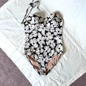 JCrew push up strapless halter black white floral retro swimsuit one piece sz 10
